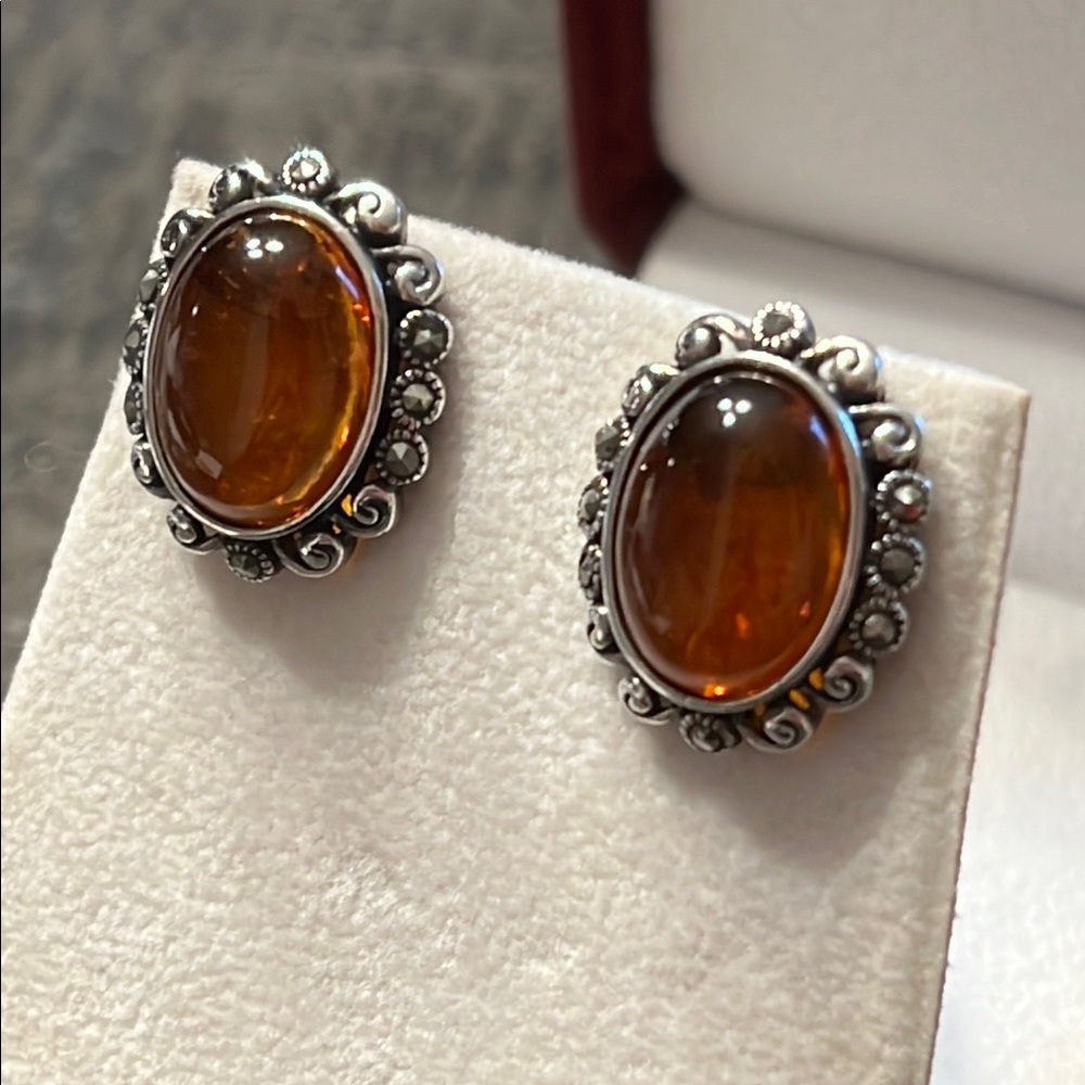 Sterling Silver Natural Amber Stud Earrings Marcasite Halo